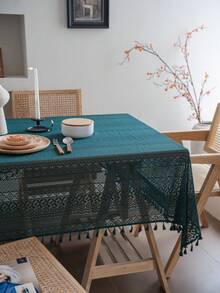 Bubaba 1pc Olive Green Geometric Lace Placemat, Vintage Boho Farmhouse Style Hollow Out Geometric Lace Nylon Decorative Tassel Table Cloth, Suitable For Bedroom, Kitchen, Dining Room, Party, Holiday Decoration, All Seasons - Dark Green - View 7