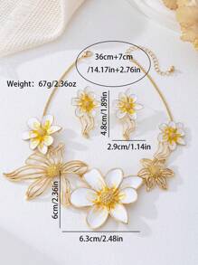 Conjunto de 3 peças de colar e brincos com pingente de flor esmaltada elegante, adequado para mulheres como uso diário ou presente de feriado