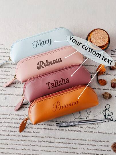 1pc/ Custom Pu Leather Pencil Case, Customizable Name Engraving - Zipper Closure - Spacious Interior Space For Pens And Pencils - School Supplies Storage Bag - Student Gift - Essential For Returning To School - Pencil Case,Back To School