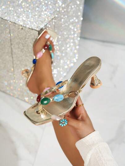 Sandali estivi eleganti da donna con tacco alto e punta quadrata, tacchi a spillo con borchie colorate, scarpe eleganti da festa in stile boho