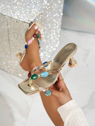 Women's Summer New Fashionable Sexy Square Toe High Heel Sandals, Colored Studded Stiletto Heels Bohemia Elegant Party Shoes