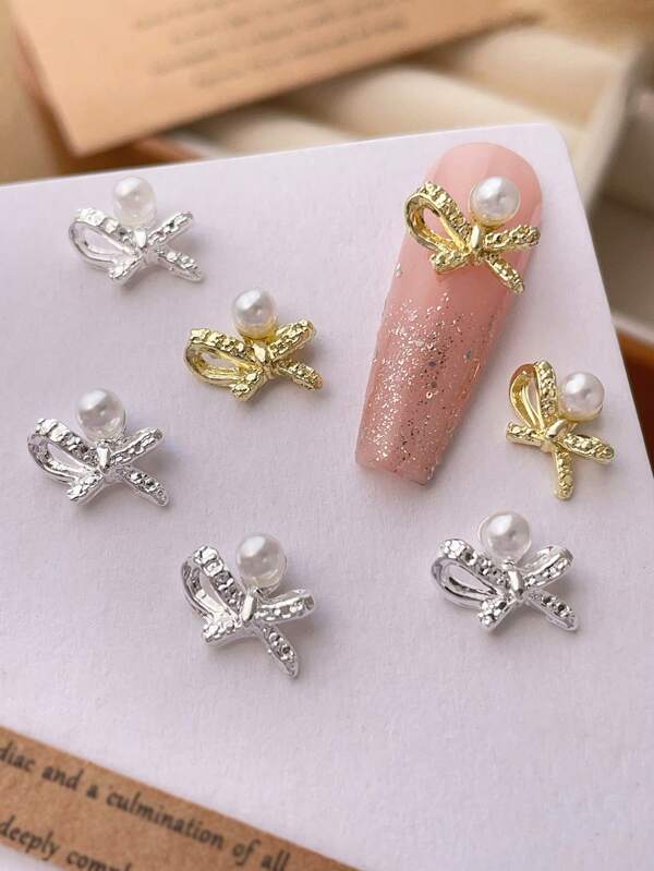 10pcs Gold Silver Alloy Bow Nail Charms Decorations, Metal Simple Design Bowknot Shaped Shiny White Pearl Y2K Three-Dimensional Elegant DIY Manicure Accessories Suitable For Nail Art Creation Nails Supplies