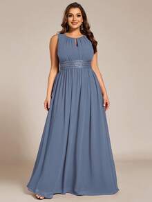 加大优雅无袖圆领亮片高腰派对礼服婚礼伴娘礼服 - 霧霾藍 - 查看 1