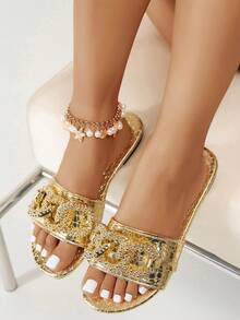 Women Flat Thong Sandals With Gold Chain, Fashion Strap Slip On Beach Sandals For Summer - Gold Embossing - View 3