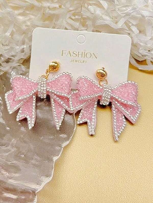 2pcs Fashionable Cute Big Bow Dangle Earrings With Sparkling Pendants, Pink Earrings Suitable For Daily Wear, Parties & Gatherings