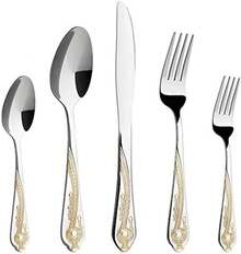 Hot Gold Silverware Set, 20 Piece Stainless Steel Golden Flatware Set For 4, Silver Tableware Set With 24K Gold-Plated Trim, Eating Utensils, Great For Family Gatherings & Daily Use(Prestige) Best Girfts