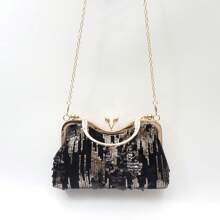 Velvet Black Clutch Bag Decorated With Black Sequin, Floral Motif And Rhinestones, Vintage Elegant Minimalist Style Evening Bag Suitable For Bride, Weddings, Parties, Formal Events, Gift For Mom, Teachers, Girls, Holiday