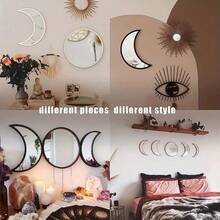 5pcs Moon Phase Mirror Set Scandinavian Natural Decor Wall Decorative Mirror Home Decor Bohemian Moon Mirror For Living Room Bedroom Acrylic Mirror Not Real Mirror Black Back To School Room Decor School Supplies - 黑色 - 查看 4