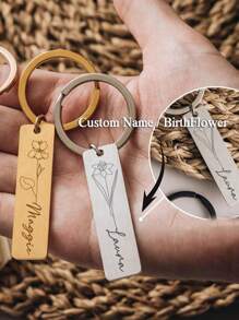 Schlüsselanhänger mit individuellem Namen und Geburtstagsblume, personalisierter Namensschlüsselanhänger, Edelstahlschmuck, individuelle Geburtstagsgeschenkidee, Vatertags-Geschenk, Geschenk für Schwester