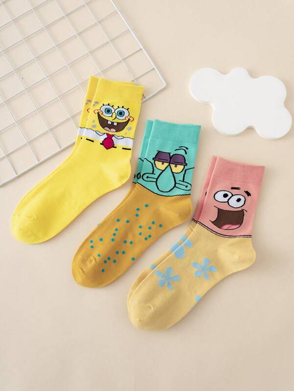 SPONGEBOB 3 Pairs Interesting Personalized Cartoon Cute Multi-Color Jacquard Spongebob Octopus Face Pattern Mid-Calf Socks, Sports Style, All Season, Euro-American Size, Comfortable Breathable , Rich Colors, Suitable For Daily Wear, Premium Fabric, Non-Smelly