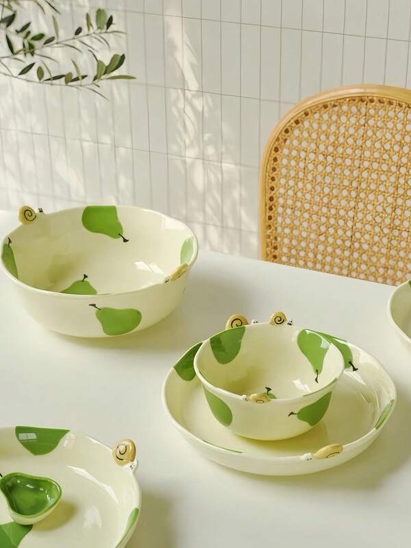 Nordic Style Strawberry & Pear Ceramic Bowl & Plate Set, High-Temperature Underglaze Coloring Craft, Embossed Snail Design, Breakfast Bowl, Fruit Bowl, Yogurt Bowl, Pasta Plate, Fruit Plate, Suitable For Daily Use, Home, Kitchen, Gathering, Great For Gifting