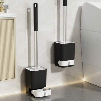 1 st väggmonterad och golvstående toalettborste i plast med avloppshållare, avtagbar toalettborste med långt skaft och täta borst, ingen stansning krävs, inga döda hörn rena, rengöringsverktyg för toalett, badrum, wc