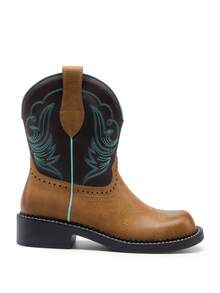 Women's Cowboy Western Ankle Booties, Thick Heel Slip-On Embroidered Square Toe Mid-Calf Fashion Boots, For Country Concerts, Rodeos, And Casual Outings,Autumn Winter Short Shaft Riding Boots - Lạc đà - Xem 3