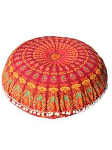 4Pack 17" Mandala Round Floor Pillow Cover Cushion Meditation Seating Ottoman Throw Cover Hippie Decorative Zipped Bohemian Pouf Pom Pom Pillow Case - Style-4 - 查看 3