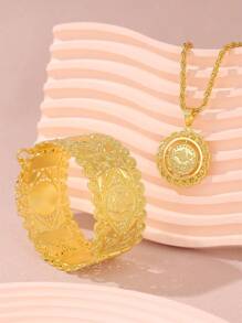 1 Set Middle East Style Fashion Palace Hollowed-Out Sunflower Round Pendant Necklace, Matching Napoleon Coin Portrait Engraved Adjustable Bangle, Suitable For Wedding, Party, And Event Wear