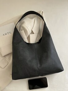 2025时尚牛仔纹理通勤托特包，极简小众设计腋下包，大容量单肩包 - 黑色 - 查看 8