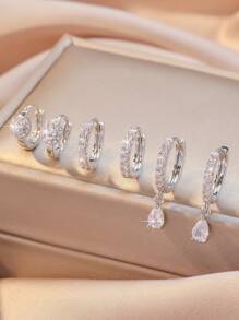 Set 6 cercei eleganți cu pietre multi-element și zirconiu din cupru, accesorii delicate și versatile pentru femei, pentru petreceri/întâlniri/cadouri