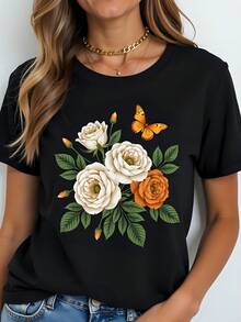 Camiseta  de 180g con Estampado de Flores y Mariposa, Cuello Redondo, Manga Corta, Material de Algodón, Casual, Ideal para Primavera Verano, Moda Femenina Cómoda y Ligera, Estilo Vintage Bohemio para Regalo y Uso Diario. - Negro - Ver 1