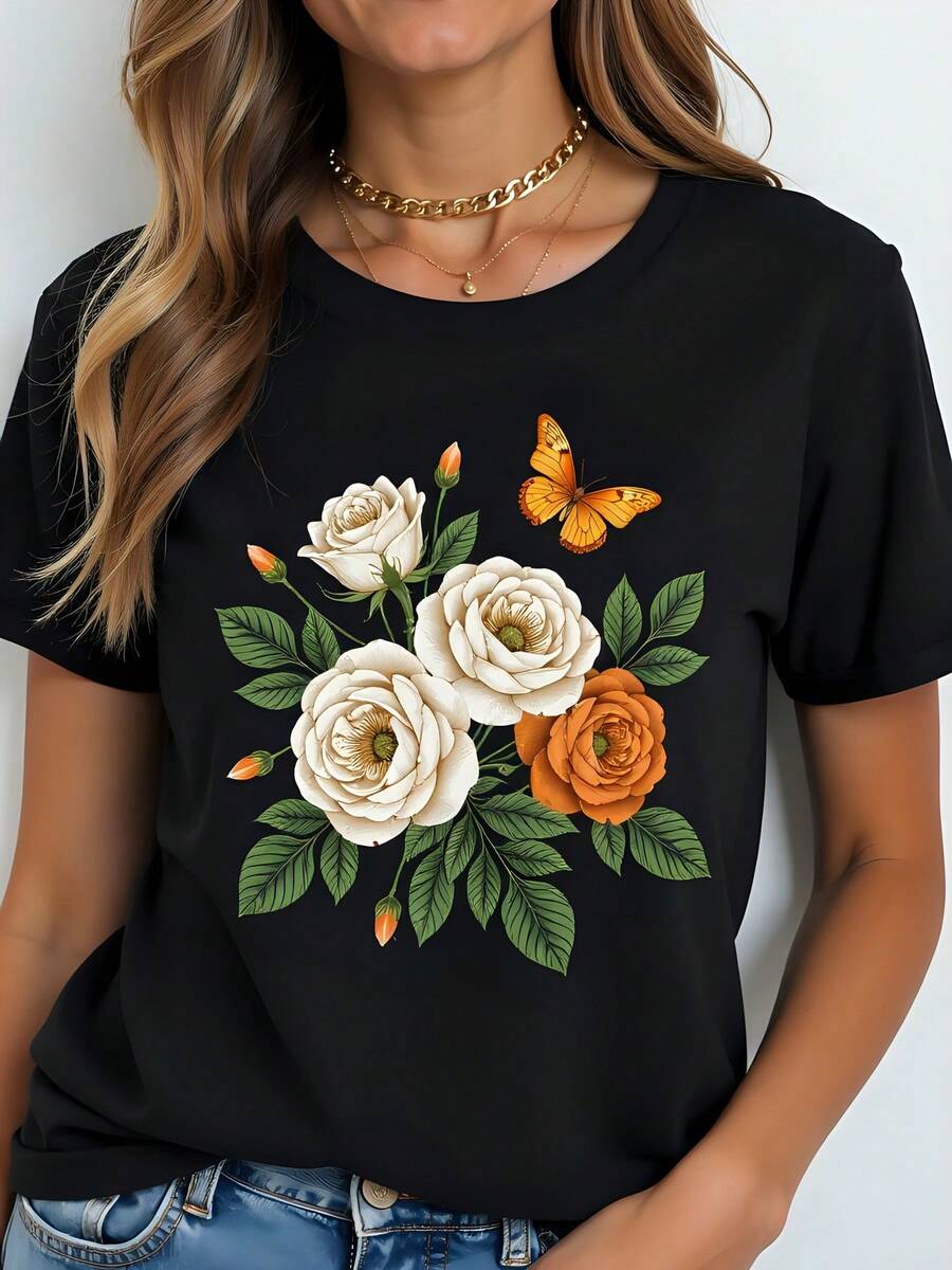Camiseta de 180g con Estampado de Flores y Mariposa, Cuello Redondo, Manga Corta, Material de Algodón, Casual, Ideal para Primavera Verano, Moda Femenina Cómoda y Ligera, Estilo Vintage Bohemio para Regalo y Uso Diario. - Negro - Ver 1