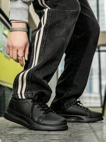 男士白色圆头系带运动鞋，轻便软底防滑厚底休闲鞋，春秋季 - 黑色 - 查看 5