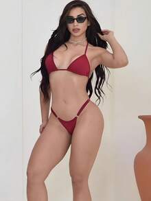 Sexy Tanning Bikini With Adjustable Thin Strap And Thong - Wine - View 3