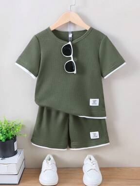 Young Boy Casual Waffle Fabric Patchwork Contrast Color Short Sleeve Sports Set, Summer
