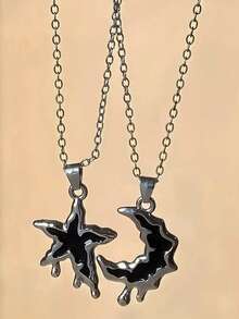 2 件/套不对称熔岩月亮和星星吊坠项链，时尚别致，适合友谊和情侣，精致颈链 - 彩色 - 查看 10