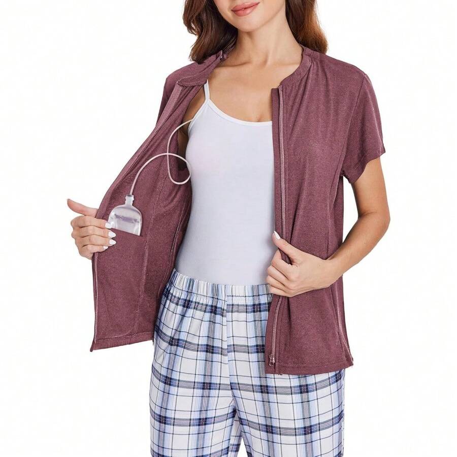 Local Delivery--Deyeek Mastectomy Shirts With Drain Pockets Post Shoulder Surgery Tops For Women Chemo Port Short Sleeve With Zippers - 深紅色 - 查看 1