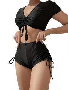 Traje de bikini de playa de cuerda sólida para mujeres,Traje de baño de dos piezas, traje de baño de Bikini femenino - Negro - Ver 1