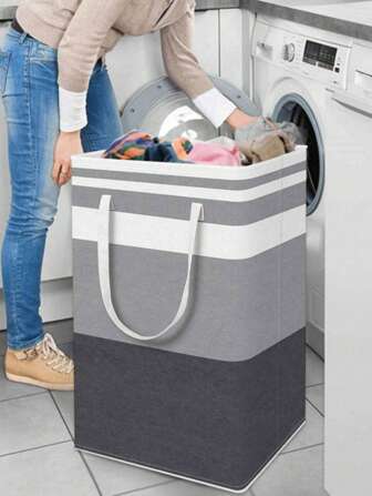 1pc Canvas Laundry Basket With Long Handle, Large Size, Striped Moving Packing Bag, Waterproof Fabric Dirty Clothes Basket, Simple Style Clothes Storage Basket, Foldable Storage Bag For Sundries, Large Capacity Dirty Clothes Hamper