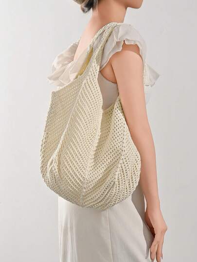 1 st. set med trådkrokar, nät, ögonlock, akryl, enfärgad, snörstickning med stickblomdekor. Handväska, lätt, bärbar, stor kapacitet, söt, kawaii, trendig quiltväska, strandväska för kvinnor, nybörjare och tjänstemän, för lärare, presenter/presenter till lärare, för tjejer, tonårsflickor, för kvinnor, för lärarnas dag.