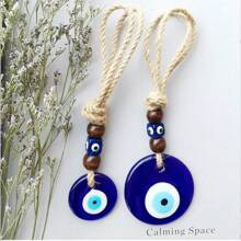 1pc Handcrafted Blue Eye Amulet - Turkish Evil Eye Pendant | Blue Glass Wall Hanging | Protective Talisman For Home, Bag & Car Decor | Unique Gift With Brown Wooden Beads