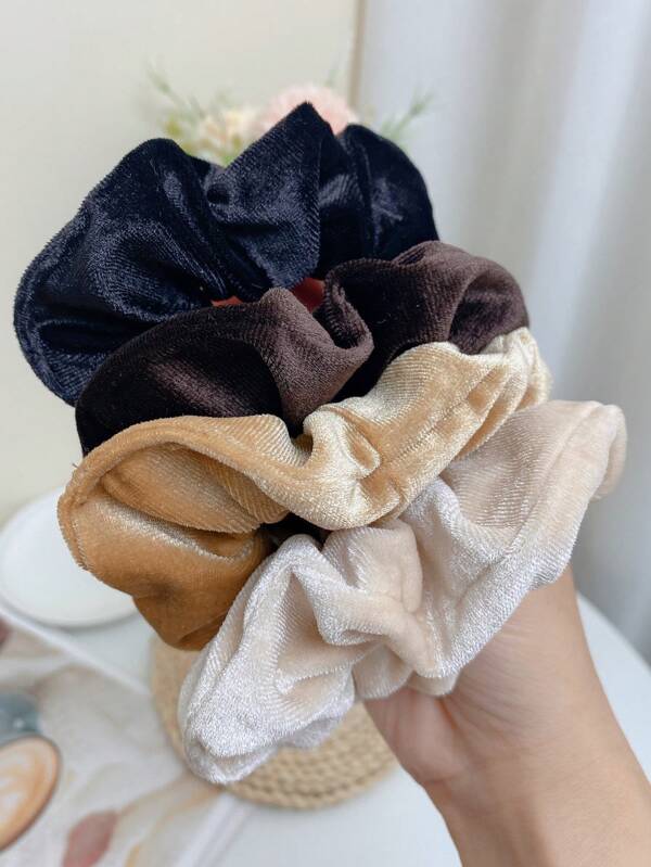 4pcs Women's 4.33in/11cm Thick Velvet Scrunchies In Black, Beige, Brown, Elegant And Versatile Hair Ties Suitable For Daily, Casual, Party, Commuting, Vacation, Ponytail, Bun, Face Washing, Makeup, Outfit Matching