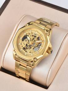 LONGLUX 1pc Men's Hollow Mechanical Wrist Watch, Casual Steel Band Waterproof Watch
