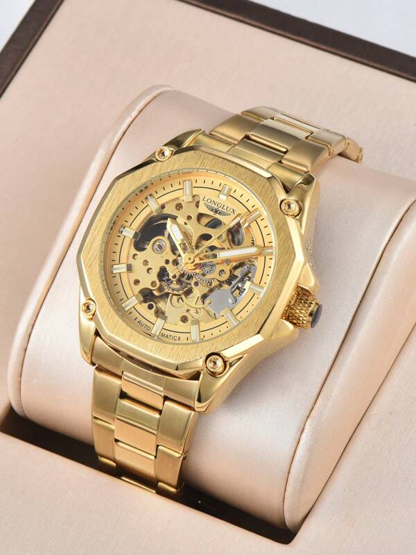 LONGLUX 1pc Men's Hollow Mechanical Wrist Watch, Casual Steel Band Waterproof Watch