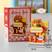 一套创意街景积木，包含一家花店、一家奶茶店、一家咖啡店、一家汉堡店、一家炸鸡店和一家蛋糕店。适合用作桌面装饰和可爱摆件。生日礼物、万圣节礼物、圣诞节礼物、派对礼物、女孩玩具、可爱玩具。