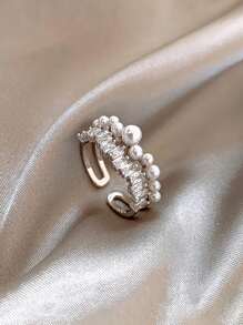 1pc Copper Minimalist Style Double Layer Open Pearl Ring, Elegant & Graceful Design For Women