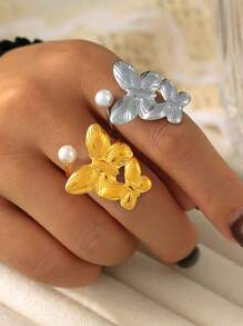 MiDuoDuo 1 pièce Bague fleur de perle de faux en acier inoxydable doré 18 carats, taille ajustable, bijou à la mode