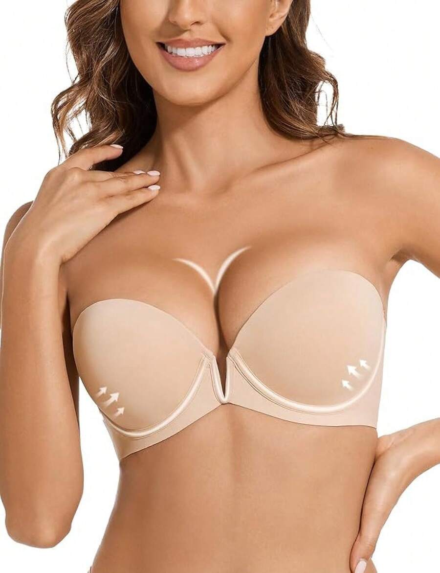 Strapless Bra Push Up Non Slip Deep V Plunge Underwire Bras For Women Super Padded Add 2 Cupshalloween - Màu be tốt - Xem 1