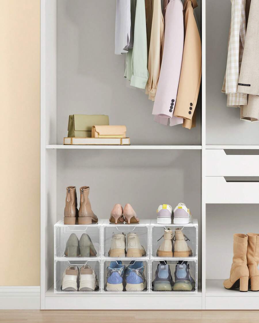 Boîtes à Chaussures, Lot de 6/12, avec Porte, Rangement de Chaussure en Plastique, Empilable, Montage Facile, 34 x 25 x 18,4 cm, Jusqu'à la Pointure 44, Blanc Transparent - Blanc transparent - Voir 1