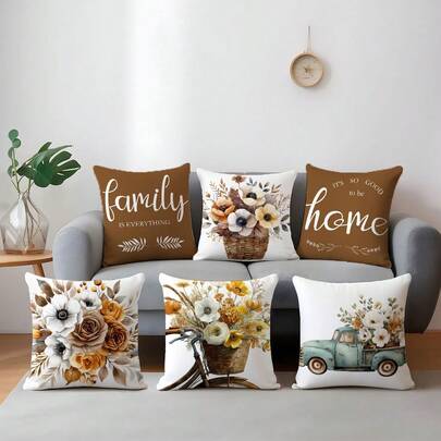 6pcs Brown Floral Home Decorative Pillow Covers, Single-Sided Printed Velvet, 45*45cm/50*50cm/40*40cm Cushion Covers For Modern Fabric Sofa, Indoor Decor, Party, Gifts