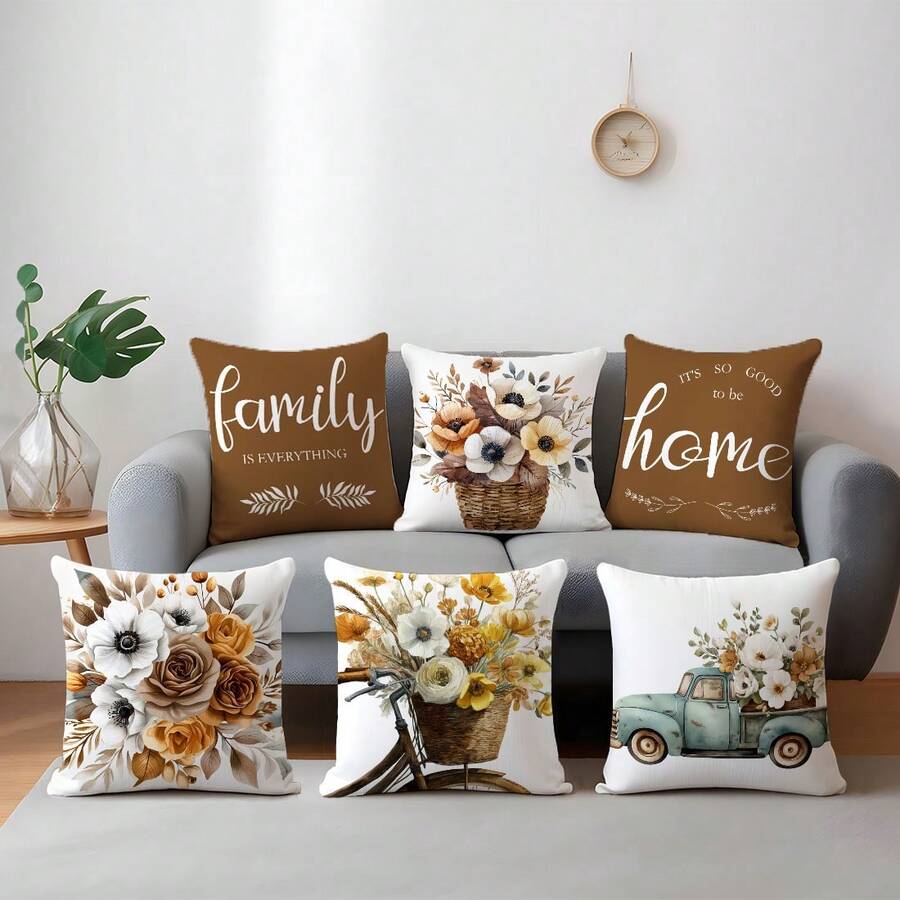 6 vỏ gối trang trí nhà họa tiết hoa màu nâu, nhung in một mặt, kích thước 45*45cm/50*50cm/40*40cm, dùng cho ghế sofa vải hiện đại, trang trí trong nhà, tiệc tùng, quà tặng