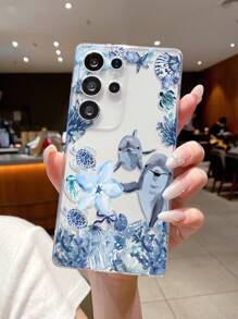1pc Ocean Element Dolphin & Flower Print Transparent TPU Soft Phone Case, Precise Cutout Camera Protection Compatible With Samsung, Nothing, Pixel, INFINIX, Apple, Xiaomi Redmi