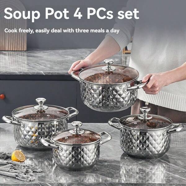 New 8-Piece Diamond-Thickened Stainless Steel Cookware Set – Multipurpose Home Kitchen Pots With Geometric Embossed Design And Transparent Lids