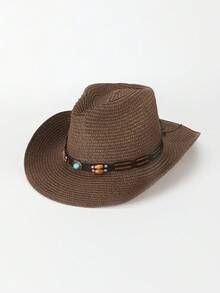 1 件纯色波西米亚休闲草编宝石牛仔沙滩帽，防晒，适合所有季节，男女通用，通勤百搭