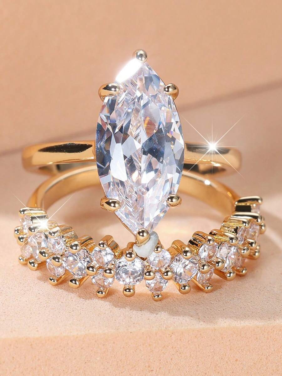 2pcs Copper Inlaid Cubic Zirconia Engagement Ring Set, Teardrop & Rhombus Wedding Bands, Jewelry Gift For Women, Valentine's Day - Marquise Engagement Ring - View 1