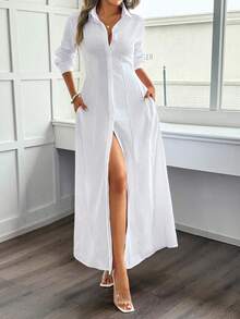 Vestido de camisa con cuello de mujer Unadoll para primavera, diseño con botones, cintura con lazo, estilo de cuello abierto, elegante y generoso, adecuado para viajes, salidas, cumpleaños, eventos, citas, fiestas, San Valentín y otras ocasiones Blanco - Blanco - Ver 3