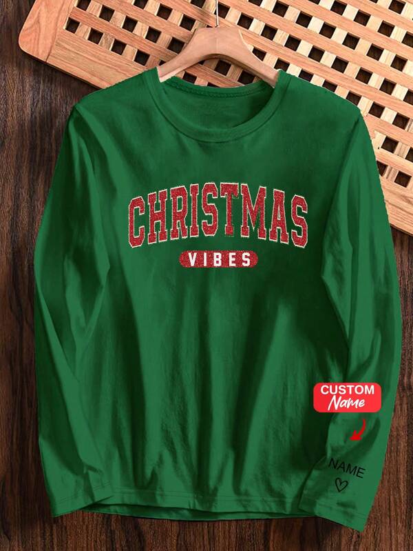 Plus Customized Name Print Cuff Christmas Personalized Basic Long Sleeve Loungewear Top A132, Fall, Cozy