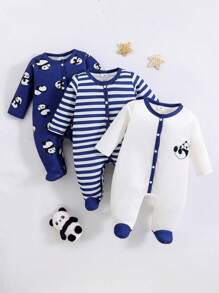 3pcs Cute Panda & Striped Print Long Sleeve Footie Jumpsuit For Baby Boys, All Season