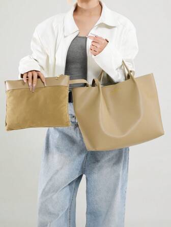 Large Capacity Two Pieces Tote Bag, Portable Shoulder Bag, Suitable For Daily Travel, Shopping, Dating, Commuting, Fashionable Soft Leather Handbag